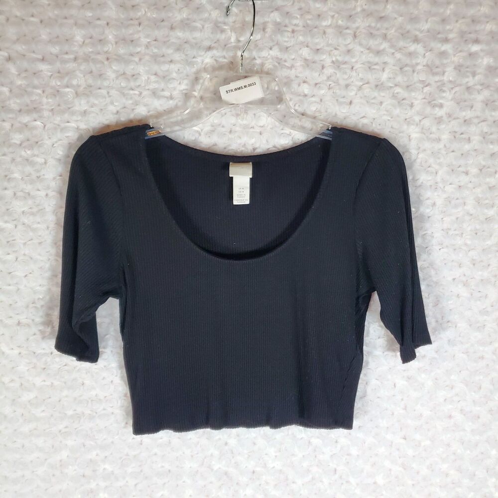 Women's Black Crew Neck 3/4 Sleeve Fitted Top Size M